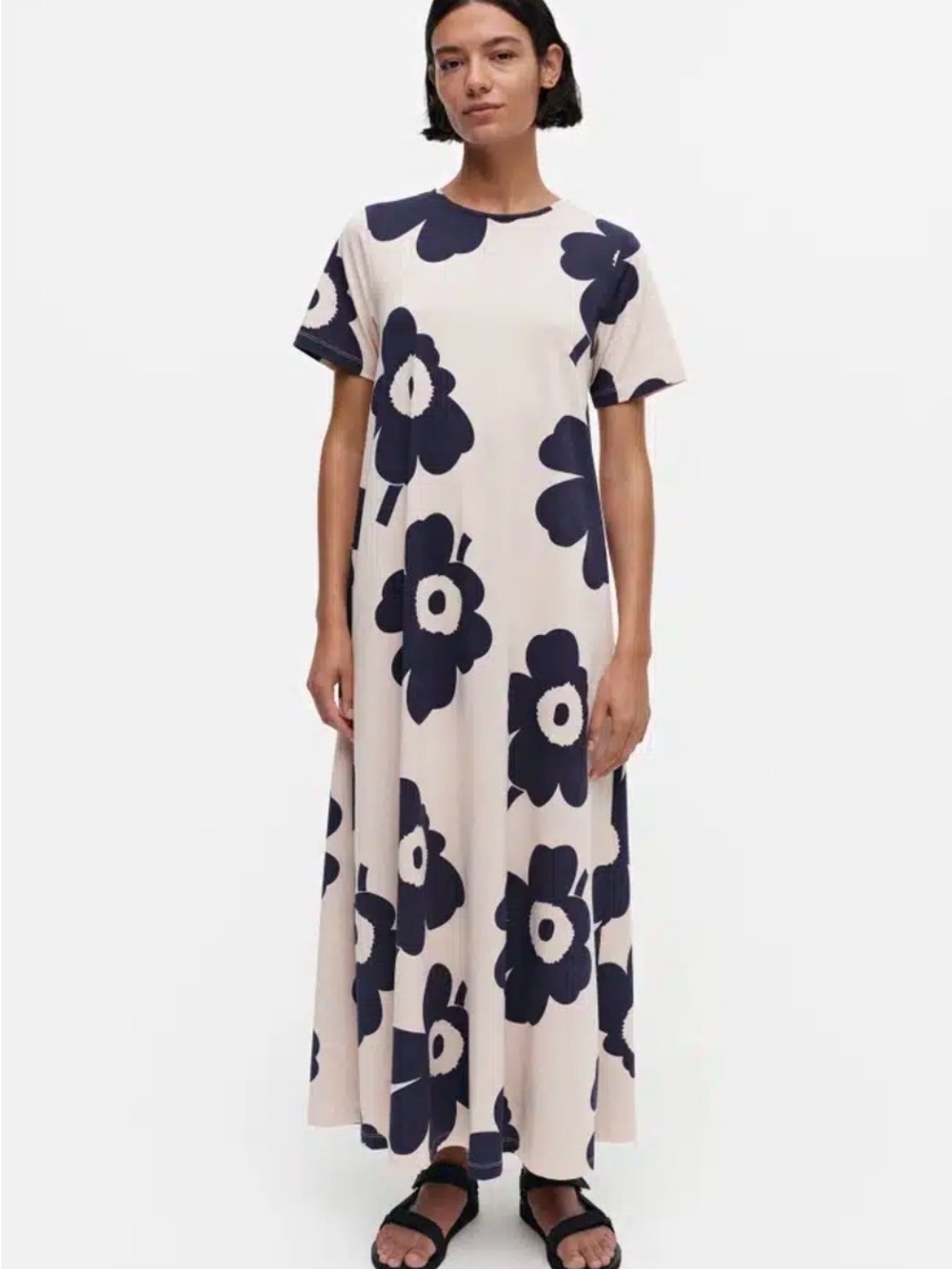 Marimekko Cream Floral Maxi Dress with Navy Blooms